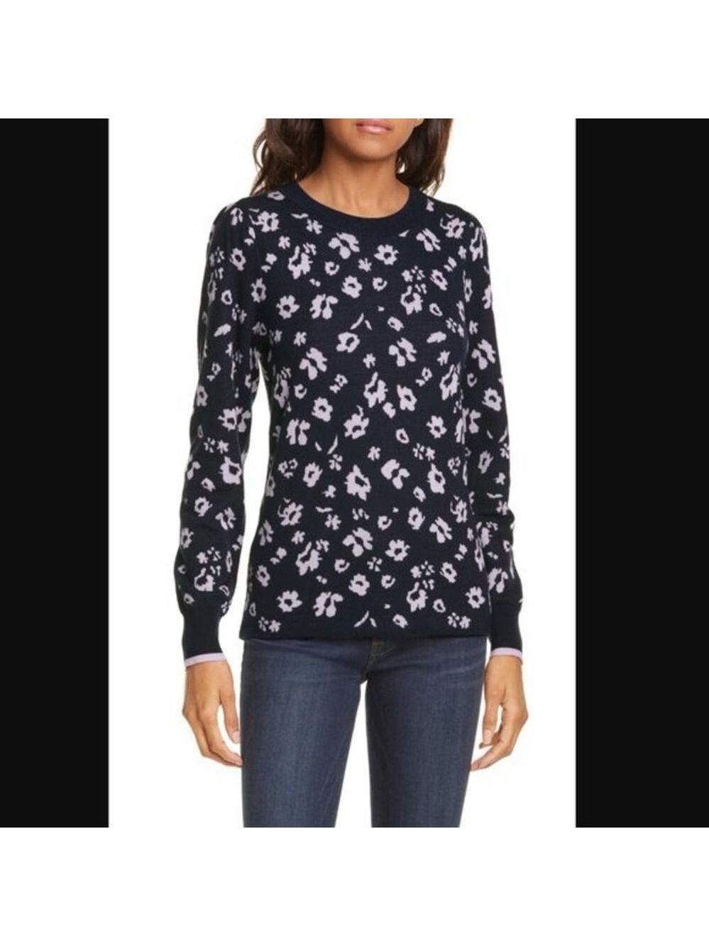 Rebecca Taylor Navy and Light Purple Floral Knit Sweater Jumper Large Merino